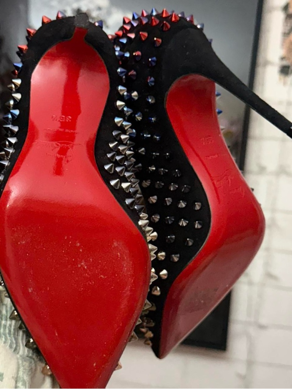 Christian Louboutin Black Suede Multi-Colored Pigalle Spike Red Sole Pumps - Picture 6 of 7